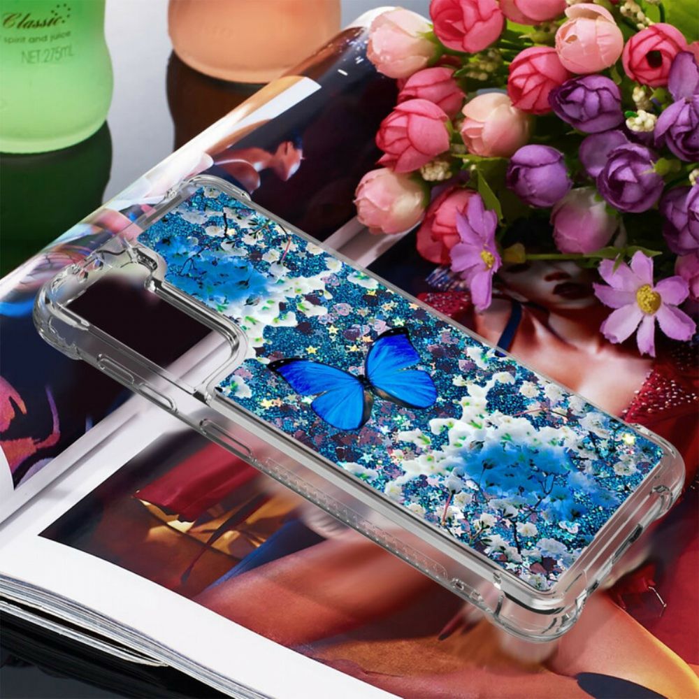 Hoesje voor Samsung Galaxy S21 5G Blauwe Glittervlinders