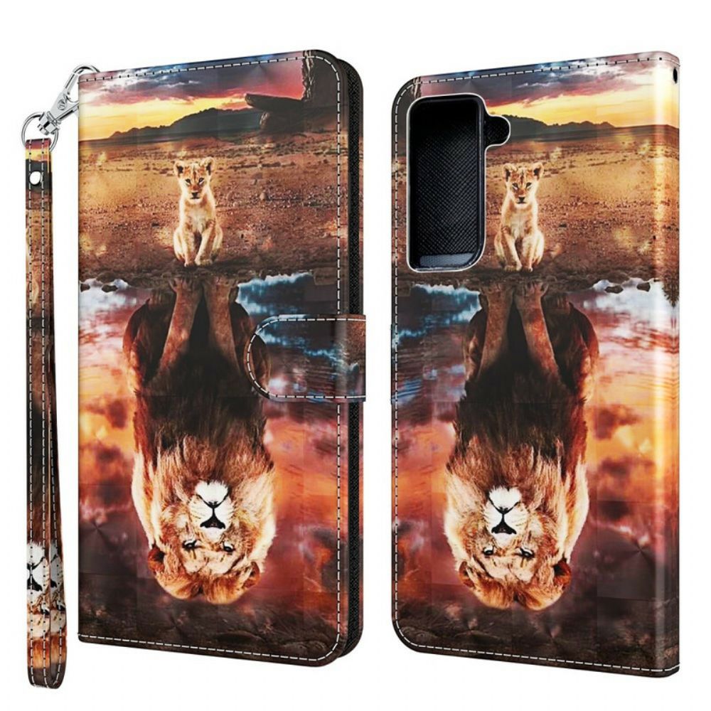 Leren Hoesje voor Samsung Galaxy S21 5G Lichtvlek Leeuw Met Lanyard