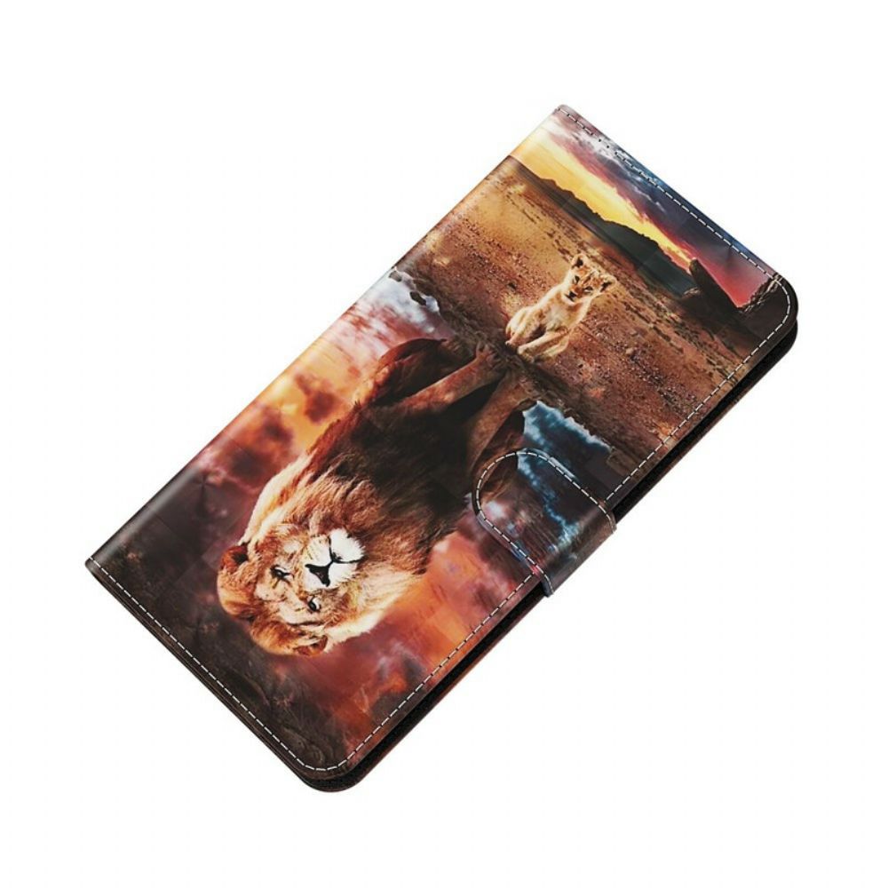 Leren Hoesje voor Samsung Galaxy S21 5G Lichtvlek Leeuw Met Lanyard