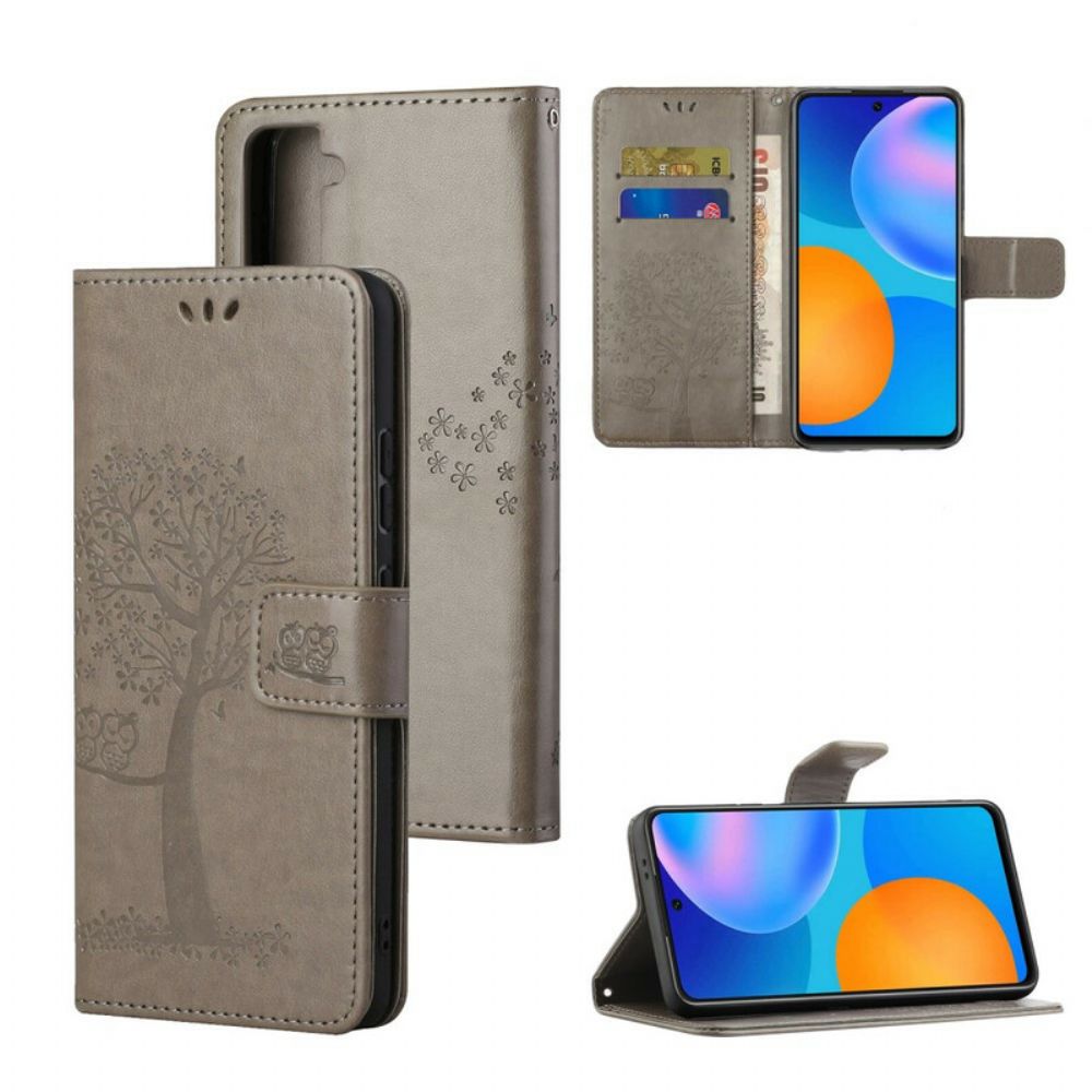 Leren Hoesje voor Samsung Galaxy S21 5G Met Ketting Boom En Uilen Met Bandjes