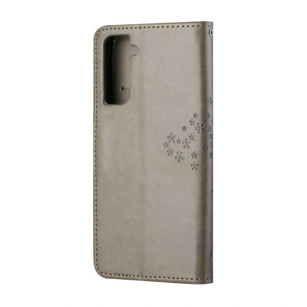 Leren Hoesje voor Samsung Galaxy S21 5G Met Ketting Boom En Uilen Met Bandjes