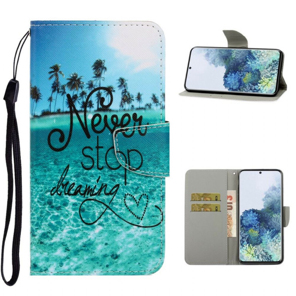 Leren Hoesje voor Samsung Galaxy S21 5G Met Ketting Stop Nooit Met Dromen Marineblauwe Strappy