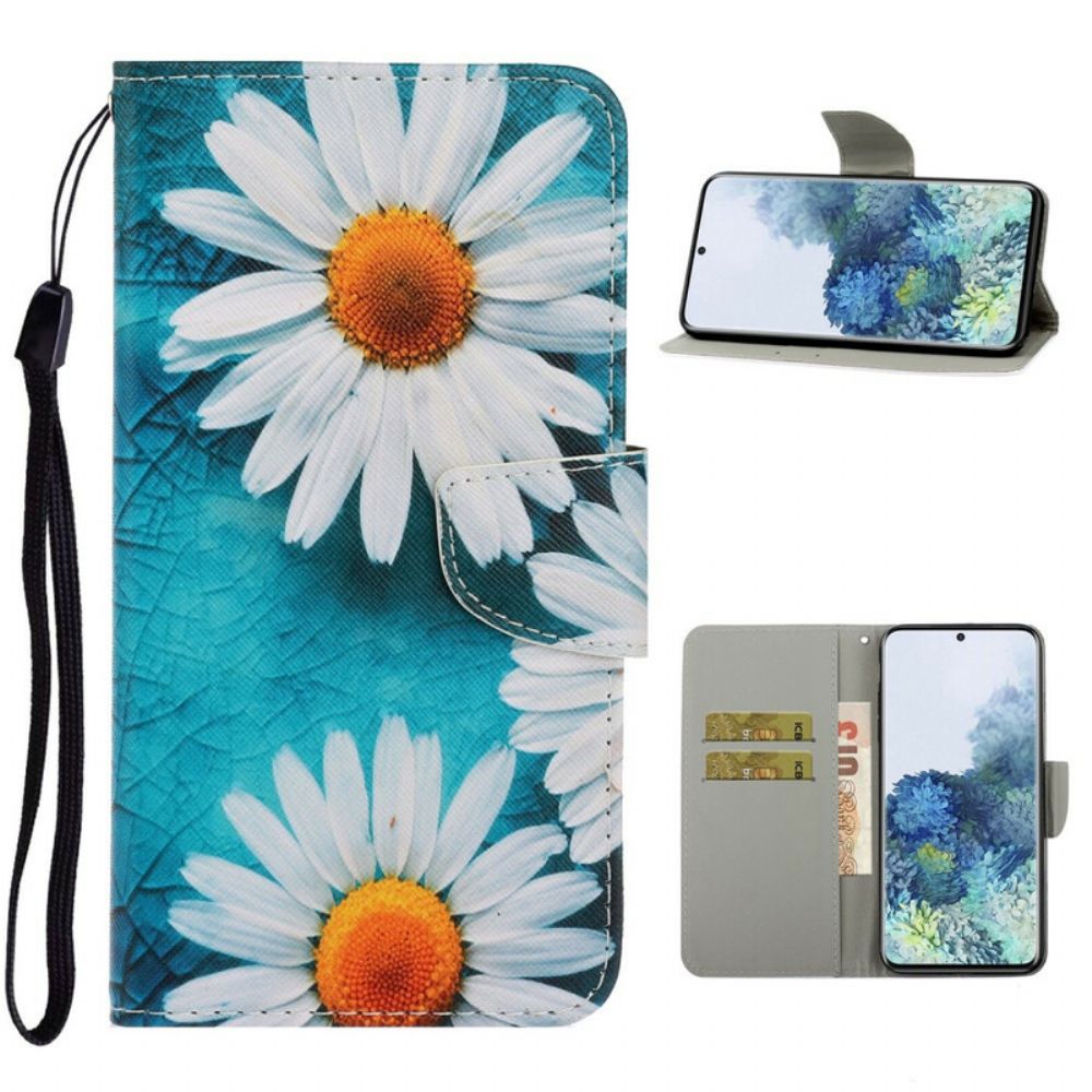 Leren Hoesje voor Samsung Galaxy S21 5G Met Ketting Thong Madeliefjes