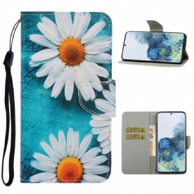 Leren Hoesje voor Samsung Galaxy S21 5G Met Ketting Thong Madeliefjes