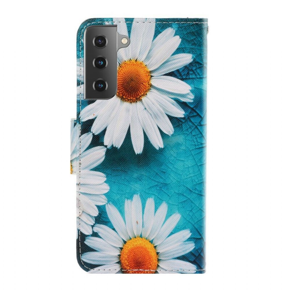 Leren Hoesje voor Samsung Galaxy S21 5G Met Ketting Thong Madeliefjes