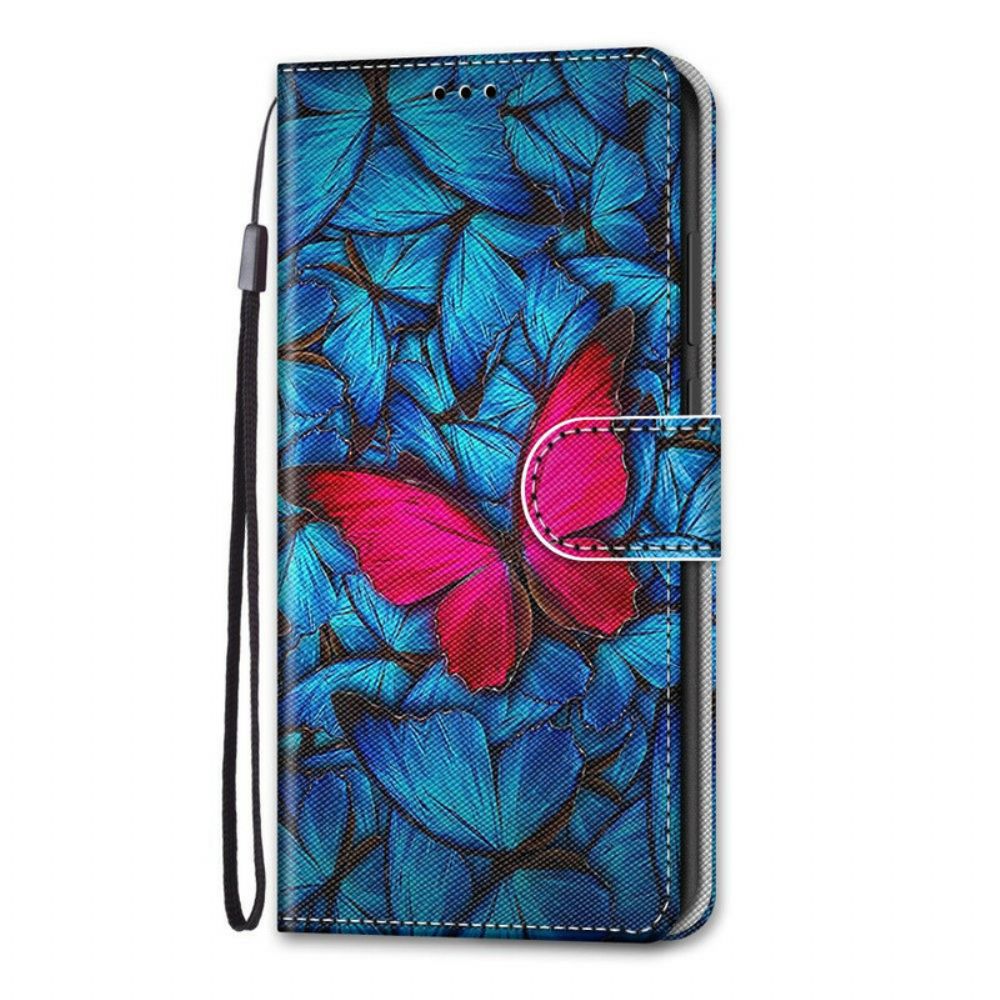 Leren Hoesje voor Samsung Galaxy S21 5G Rode Vlinder Op Blauwe Achtergrond