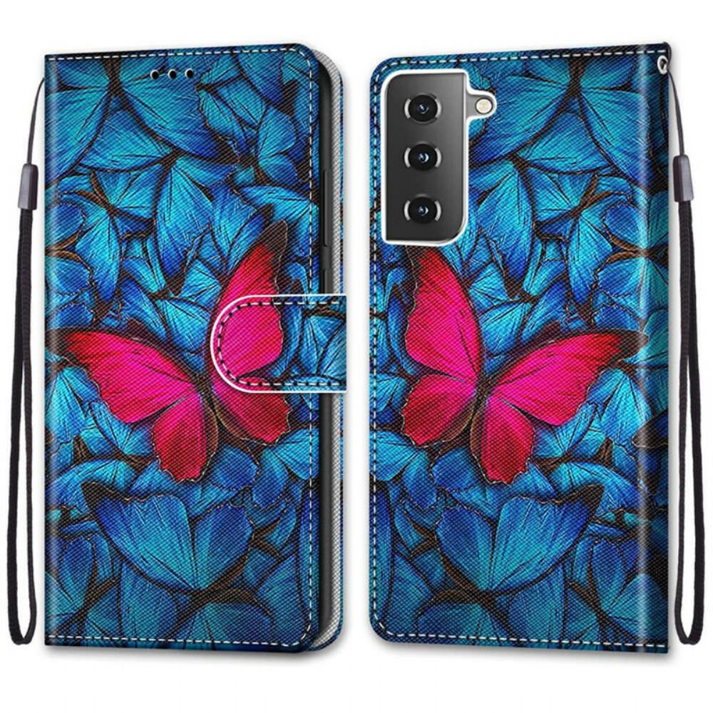 Leren Hoesje voor Samsung Galaxy S21 5G Rode Vlinder Op Blauwe Achtergrond