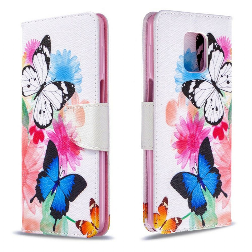 Folio-hoesje voor Xiaomi Redmi Note 9S / Note 9 Pro Geschilderde Vlinders En Bloemen