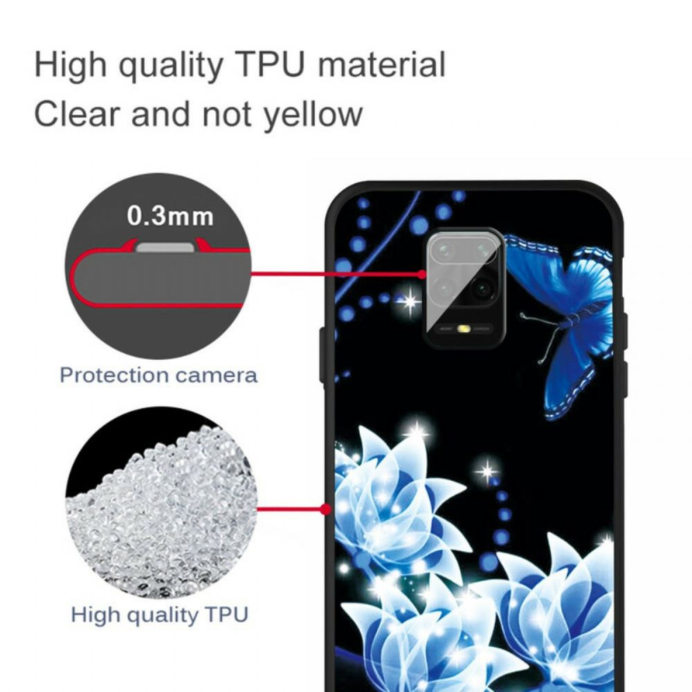 Hoesje voor Xiaomi Redmi Note 9S / Note 9 Pro Vlinder En Blauwe Bloemen