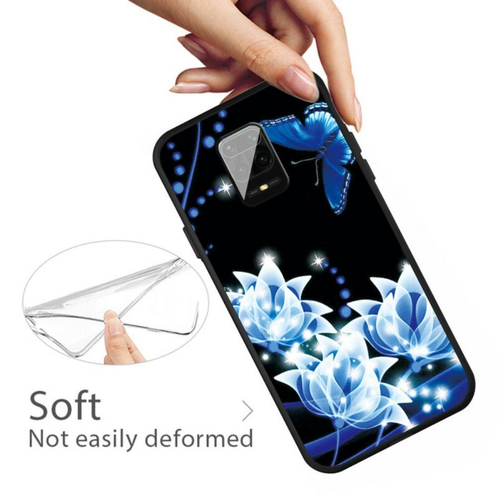 Hoesje voor Xiaomi Redmi Note 9S / Note 9 Pro Vlinder En Blauwe Bloemen