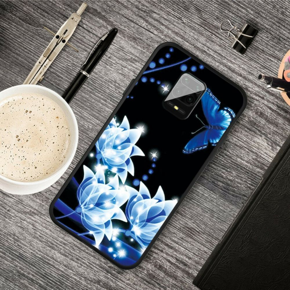 Hoesje voor Xiaomi Redmi Note 9S / Note 9 Pro Vlinder En Blauwe Bloemen