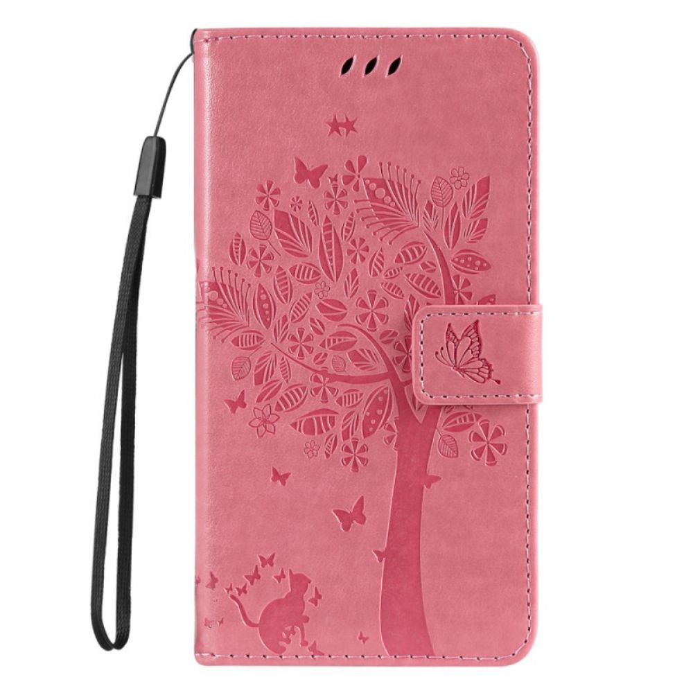 Leren Hoesje voor Poco M4 Pro 5G Met Ketting Boom En Kat Met Bandjes