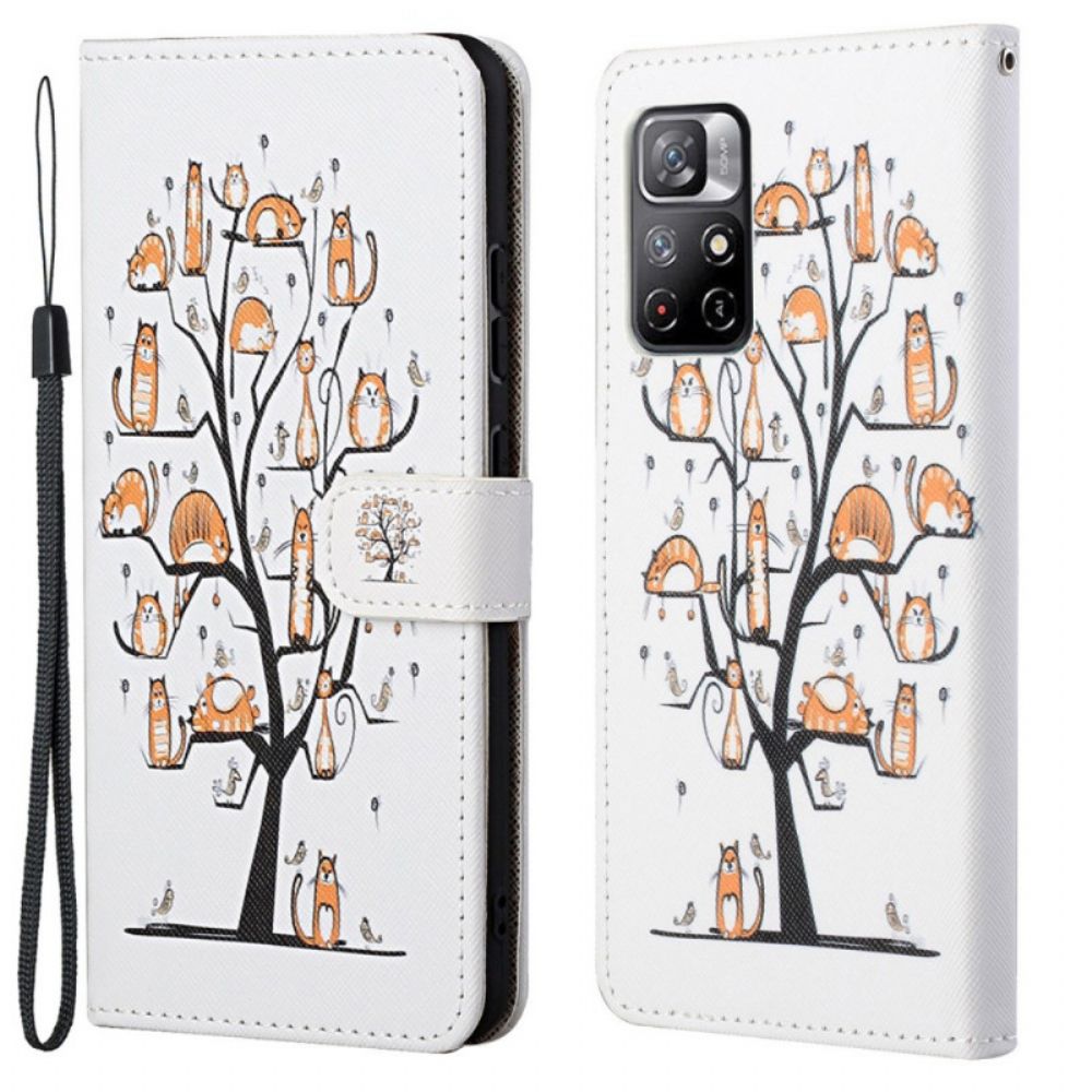 Leren Hoesje voor Poco M4 Pro 5G Met Ketting Funky Katten Met Riem