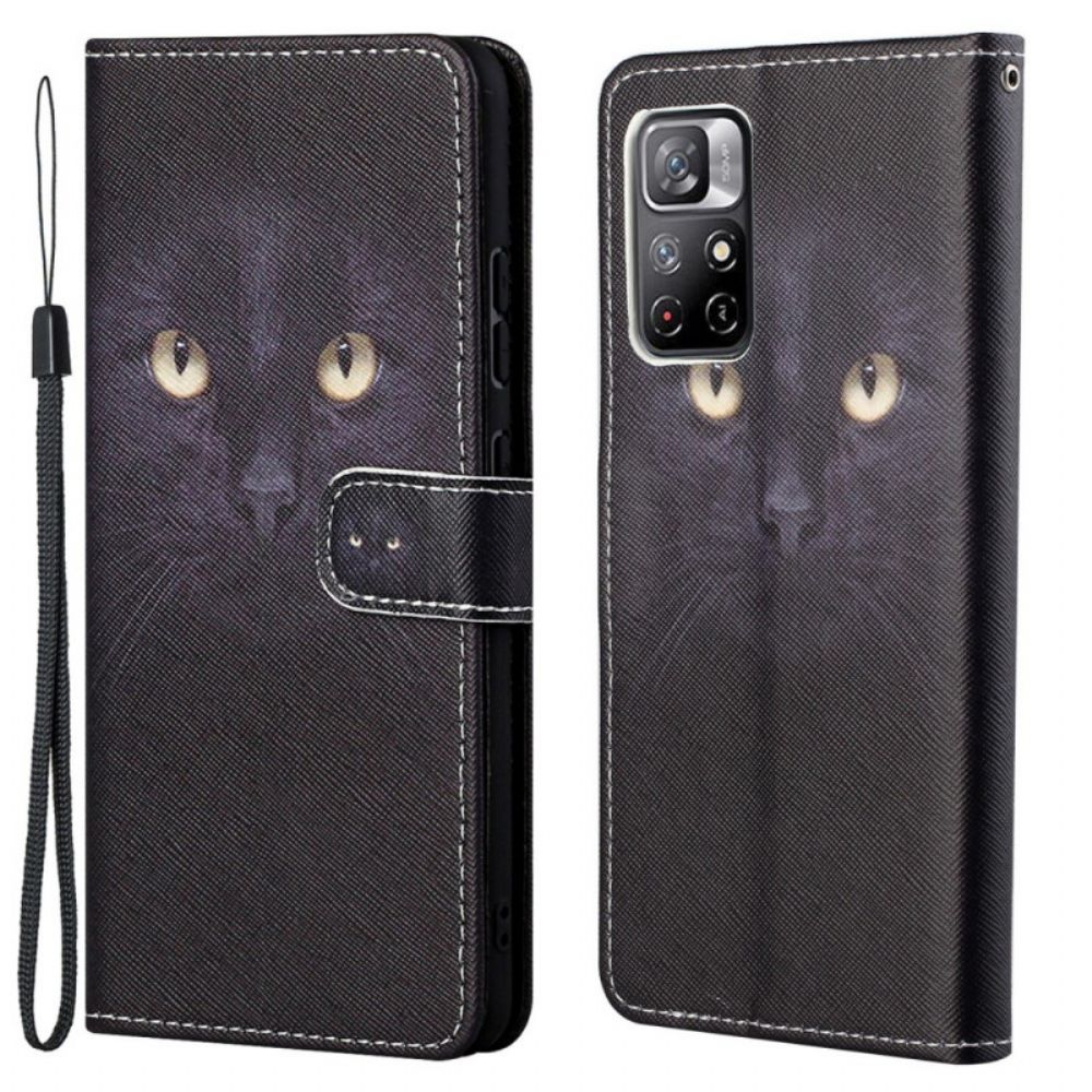 Leren Hoesje voor Poco M4 Pro 5G Met Ketting Thong Black Cat Eyes