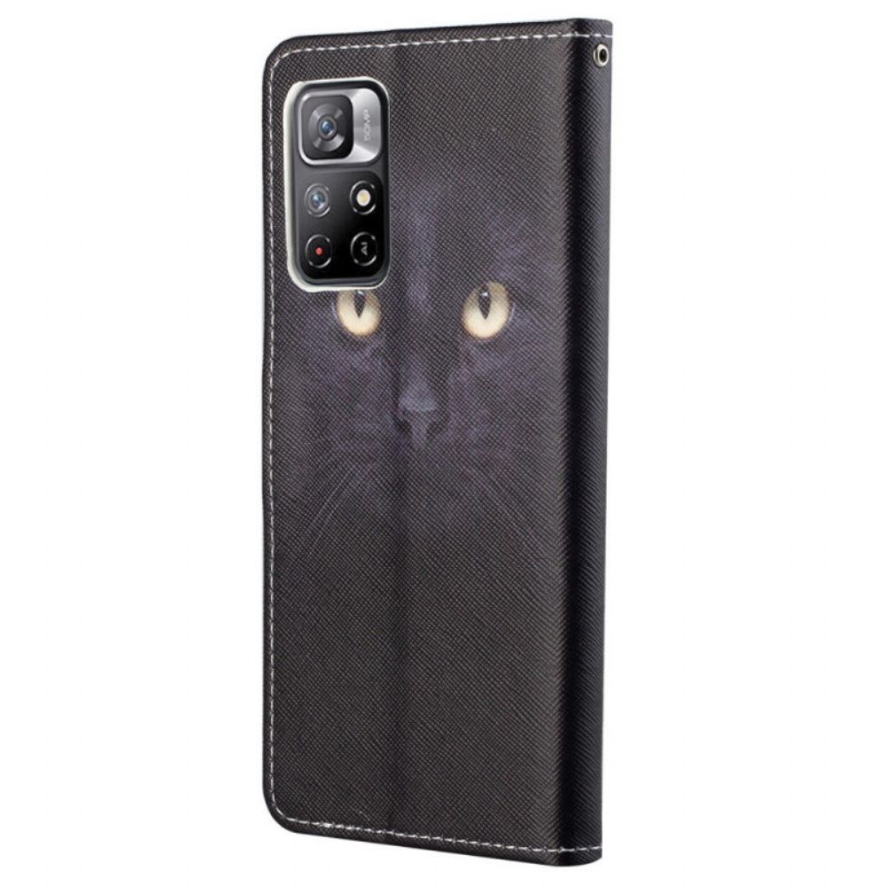 Leren Hoesje voor Poco M4 Pro 5G Met Ketting Thong Black Cat Eyes