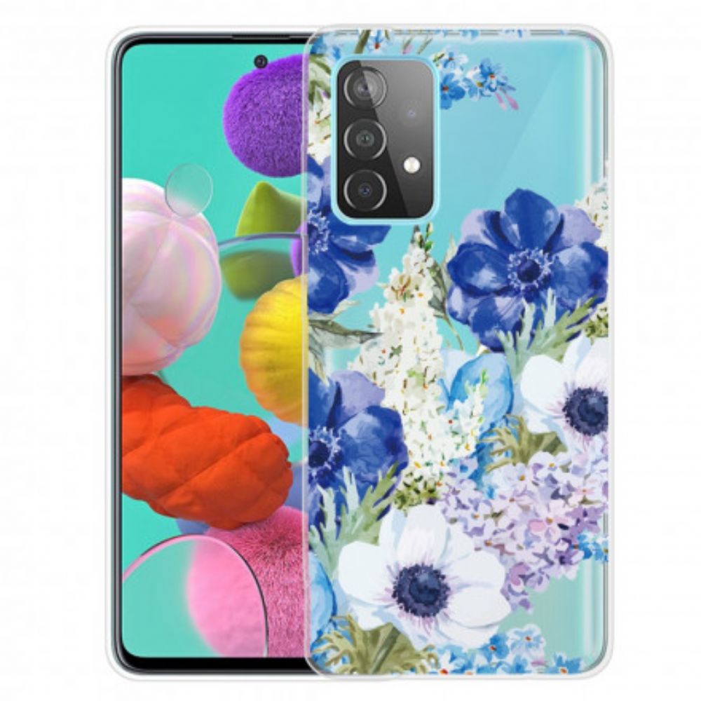 Hoesje voor Samsung Galaxy A52 4G / A52 5G / A52s 5G Aquarel Blauwe Bloemen Naadloos