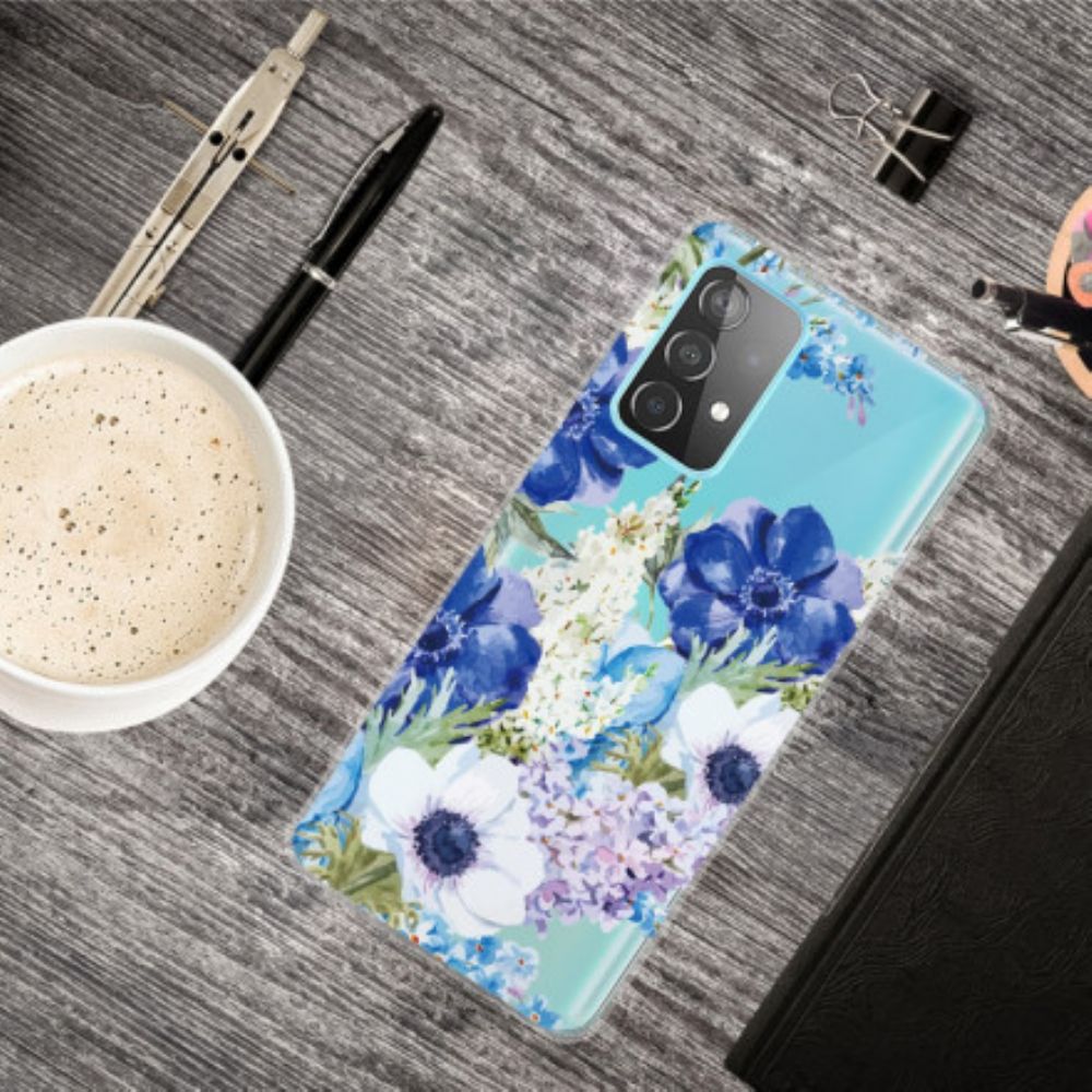 Hoesje voor Samsung Galaxy A52 4G / A52 5G / A52s 5G Aquarel Blauwe Bloemen Naadloos