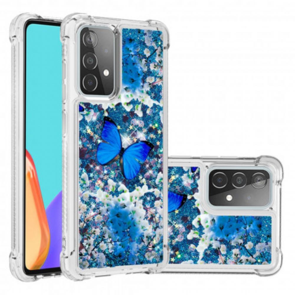 Hoesje voor Samsung Galaxy A52 4G / A52 5G / A52s 5G Blauwe Glittervlinders