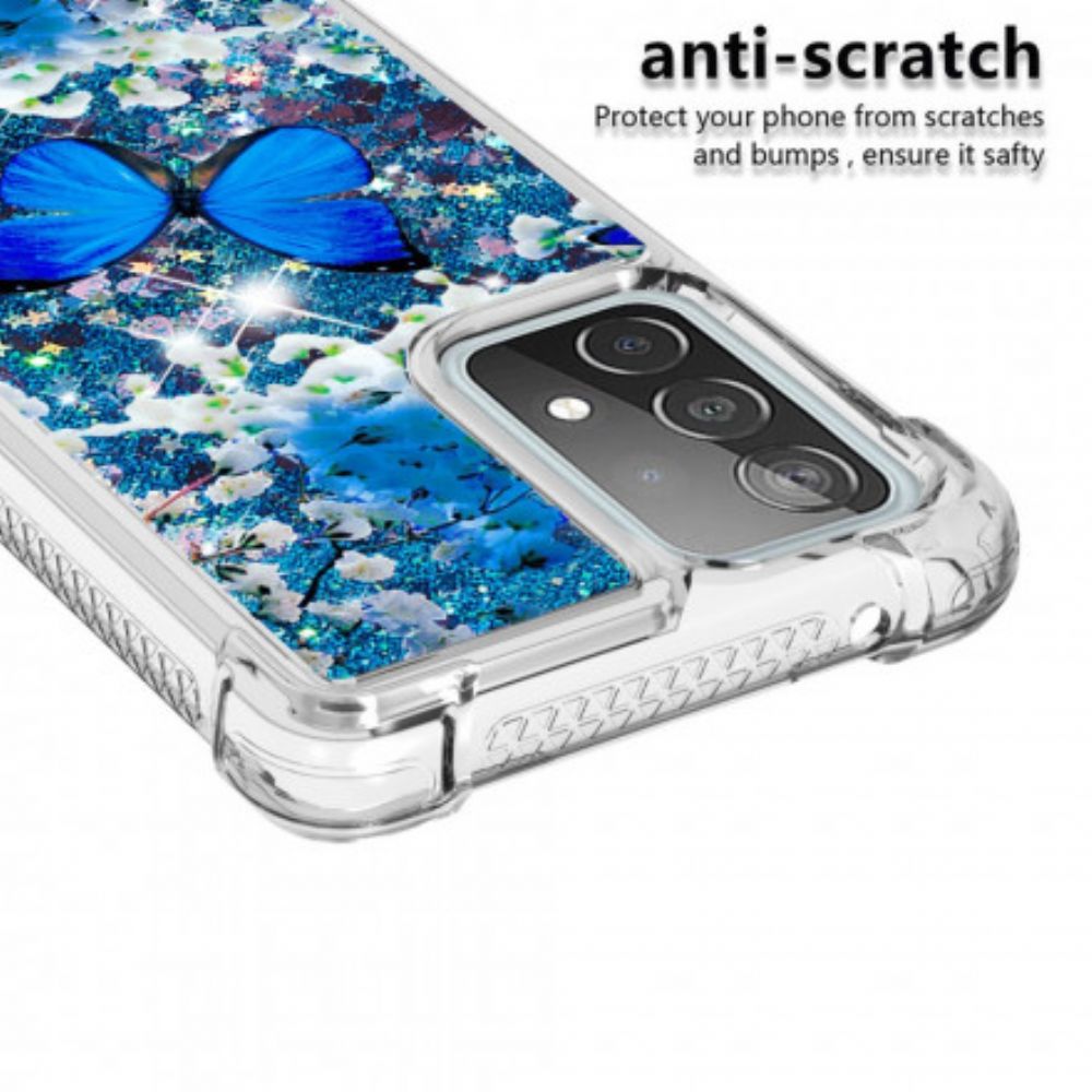 Hoesje voor Samsung Galaxy A52 4G / A52 5G / A52s 5G Blauwe Glittervlinders