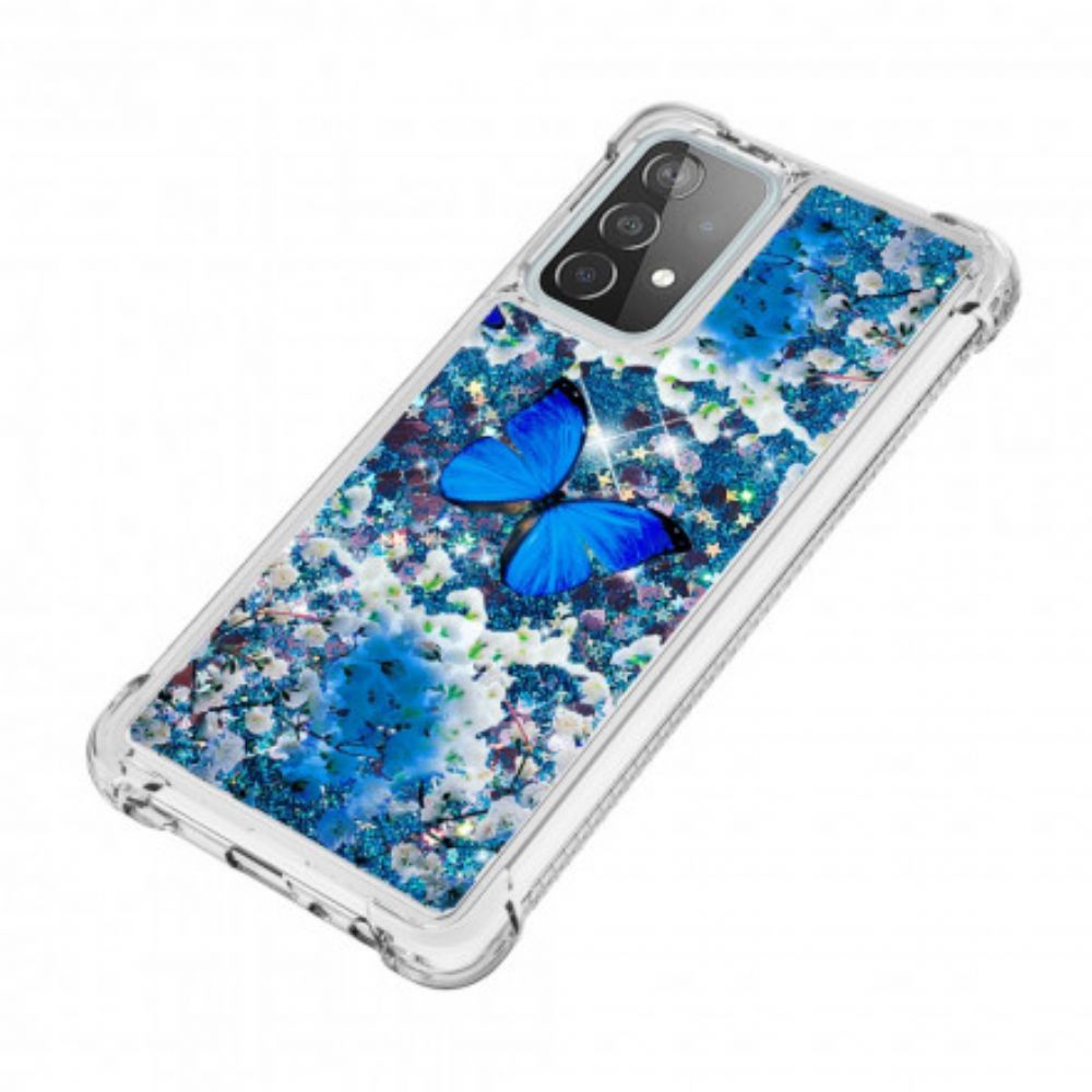 Hoesje voor Samsung Galaxy A52 4G / A52 5G / A52s 5G Blauwe Glittervlinders