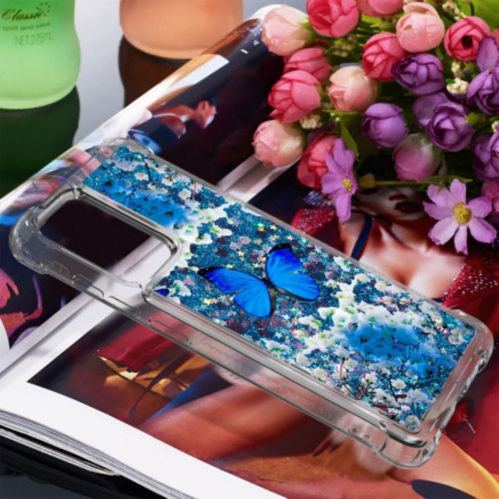 Hoesje voor Samsung Galaxy A52 4G / A52 5G / A52s 5G Blauwe Glittervlinders