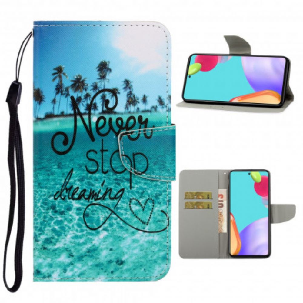 Leren Hoesje voor Samsung Galaxy A52 4G / A52 5G / A52s 5G Met Ketting Stop Nooit Met Dromen Met Marineblauwe Bandjes