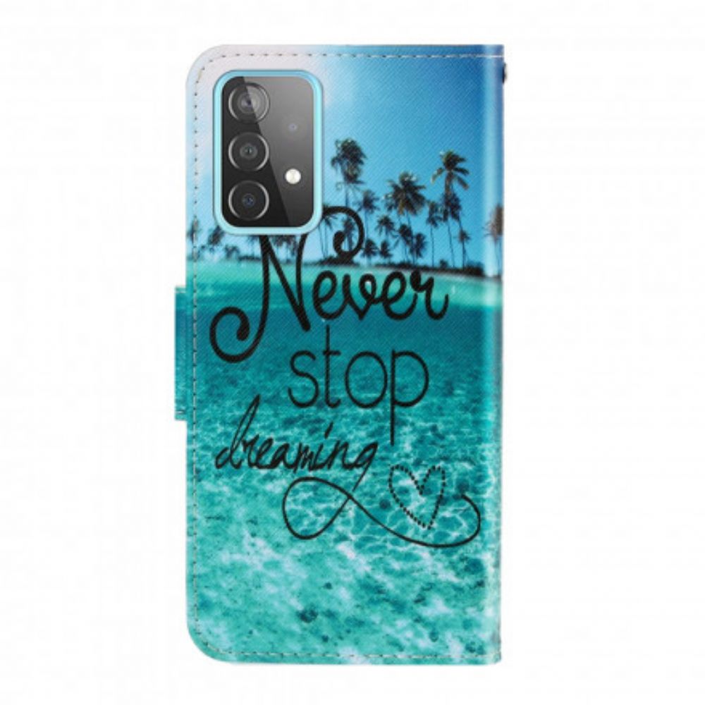 Leren Hoesje voor Samsung Galaxy A52 4G / A52 5G / A52s 5G Met Ketting Stop Nooit Met Dromen Met Marineblauwe Bandjes