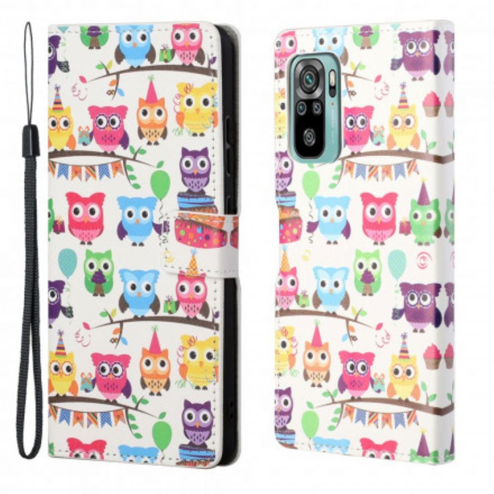 Flip Case voor Xiaomi Redmi 10 Met Ketting Meerdere Uilen Met Bandjes