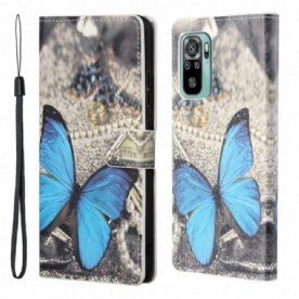 Folio-hoesje voor Xiaomi Redmi 10 Met Ketting Blauwe Vlinder Met Bandjes