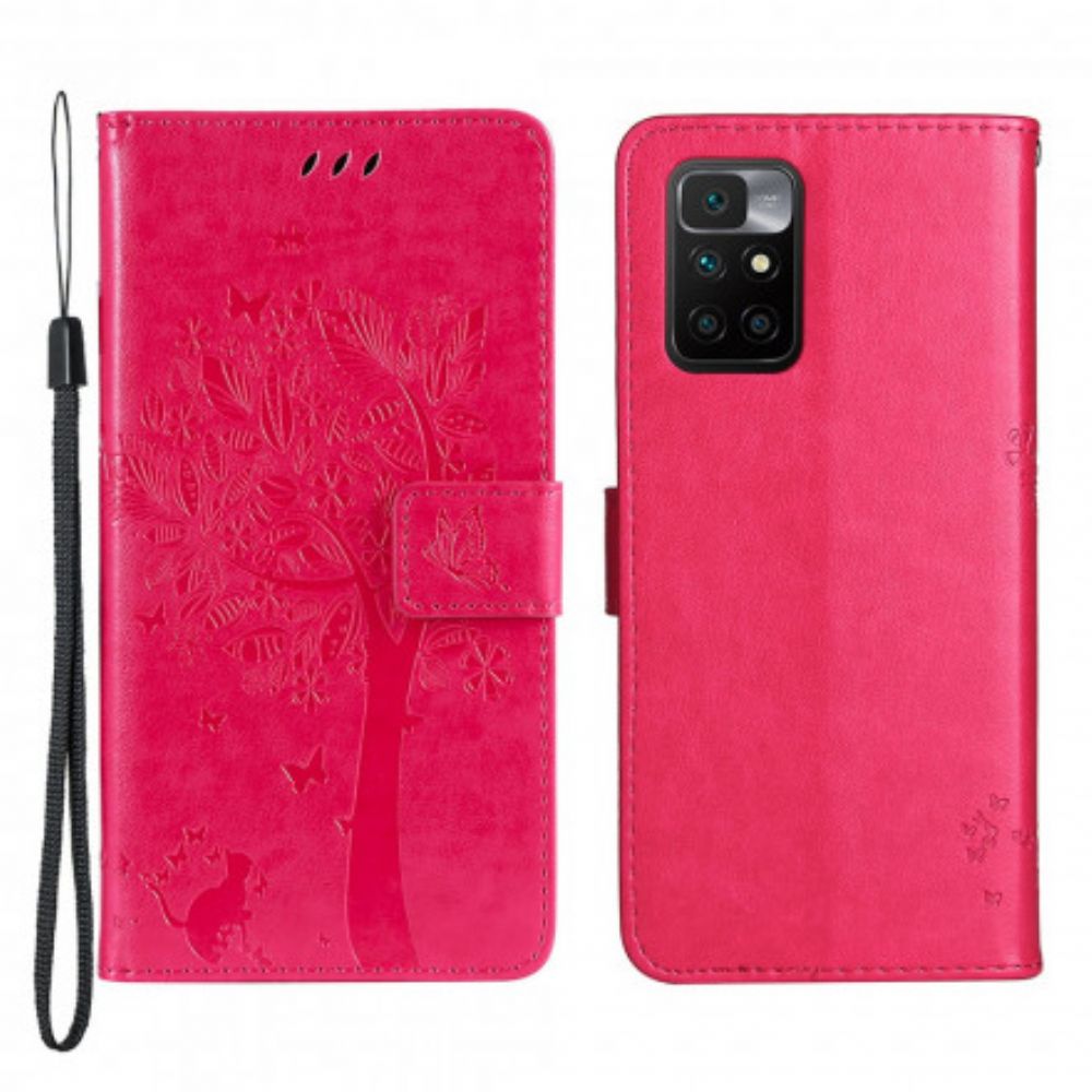 Folio-hoesje voor Xiaomi Redmi 10 Met Ketting Boom En Kat Met Bandjes