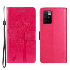 Folio-hoesje voor Xiaomi Redmi 10 Met Ketting Boom En Kat Met Bandjes