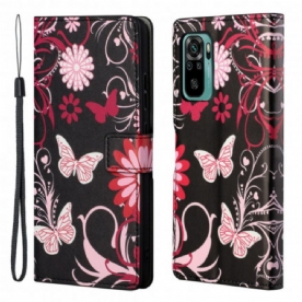 Folio-hoesje voor Xiaomi Redmi 10 Met Ketting Thong Vlinders En Bloemen