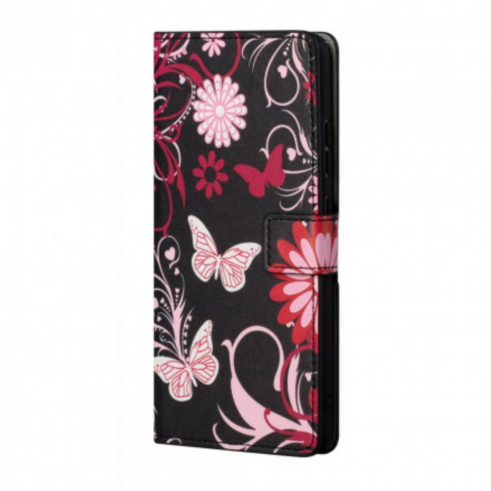 Folio-hoesje voor Xiaomi Redmi 10 Met Ketting Thong Vlinders En Bloemen