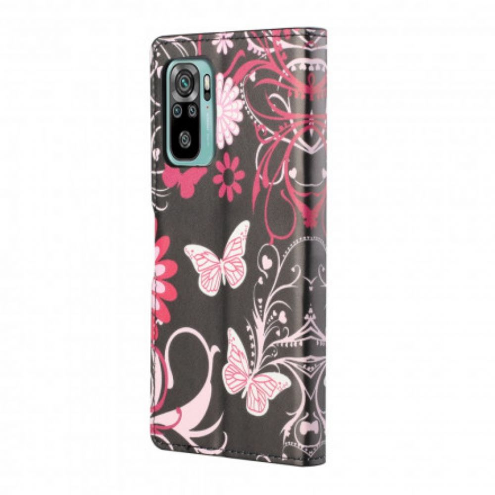 Folio-hoesje voor Xiaomi Redmi 10 Met Ketting Thong Vlinders En Bloemen