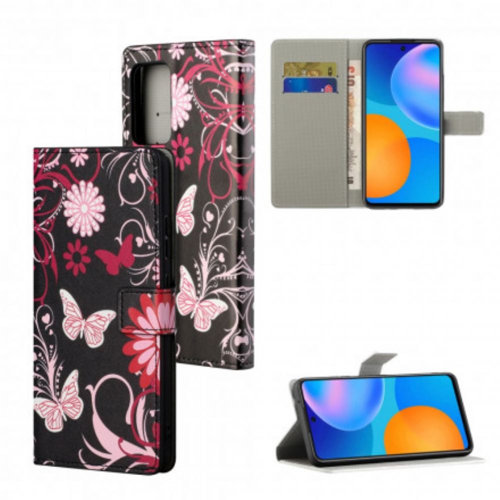 Folio-hoesje voor Xiaomi Redmi 10 Met Ketting Thong Vlinders En Bloemen