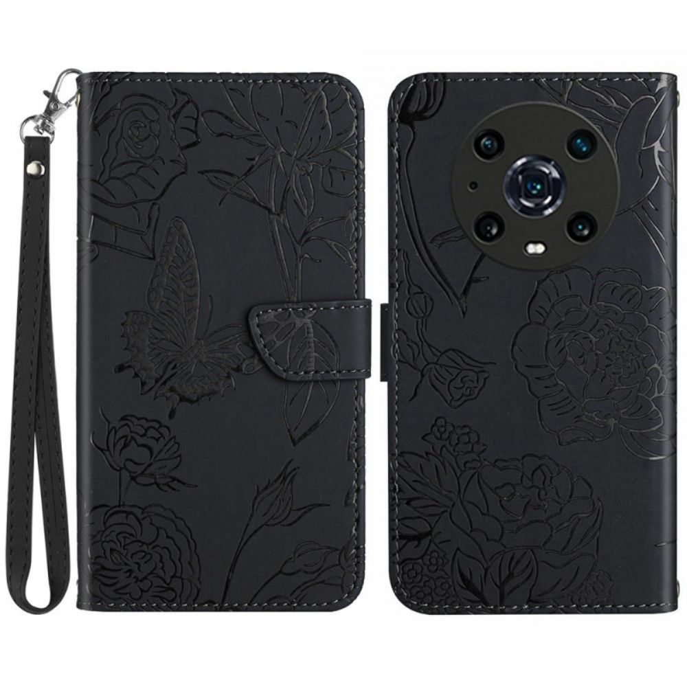 Leren Hoesje voor Honor Magic 4 Pro Met Ketting Thong Vlinders