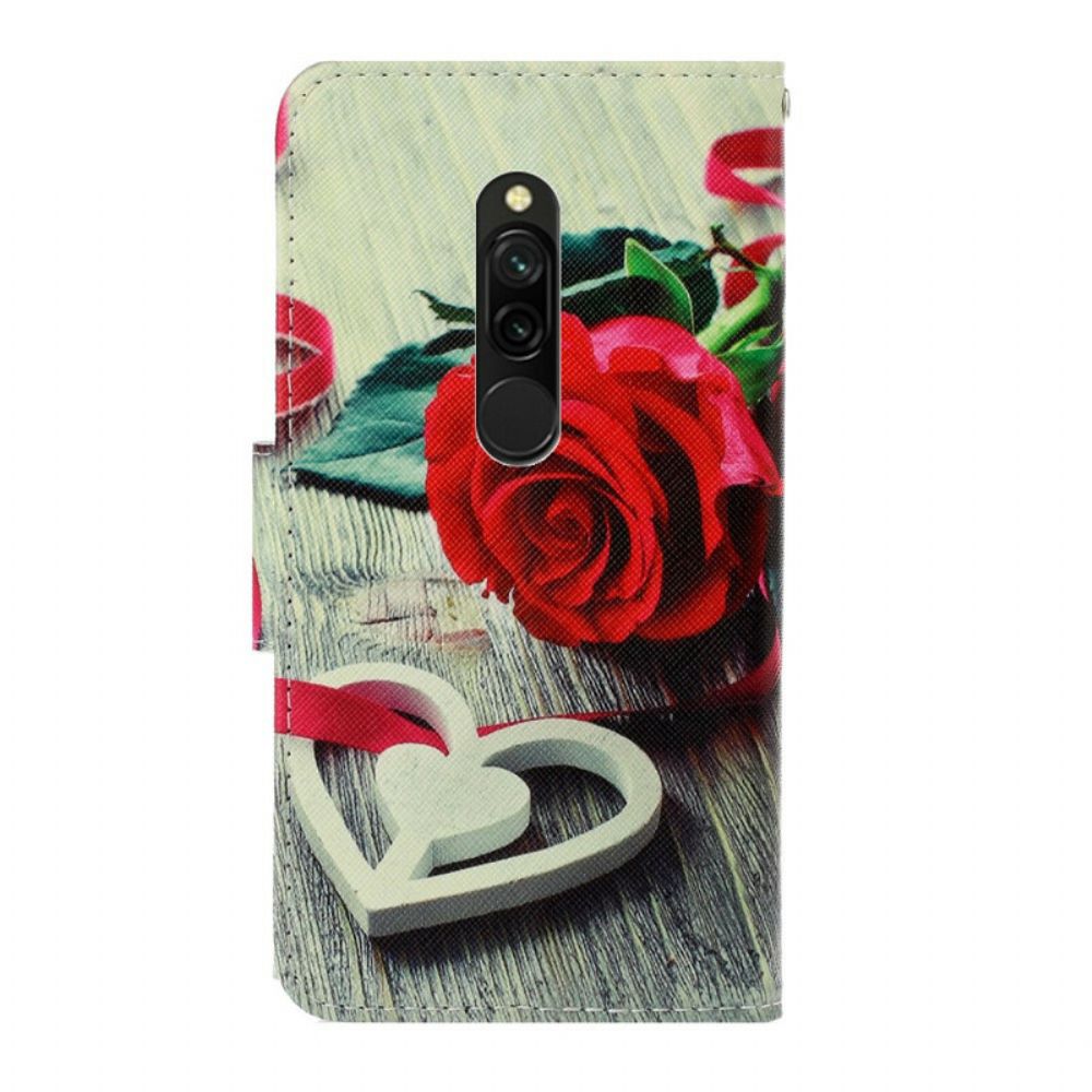 Folio-hoesje voor Xiaomi Redmi 8 Met Ketting Romantische Roos Met Riem