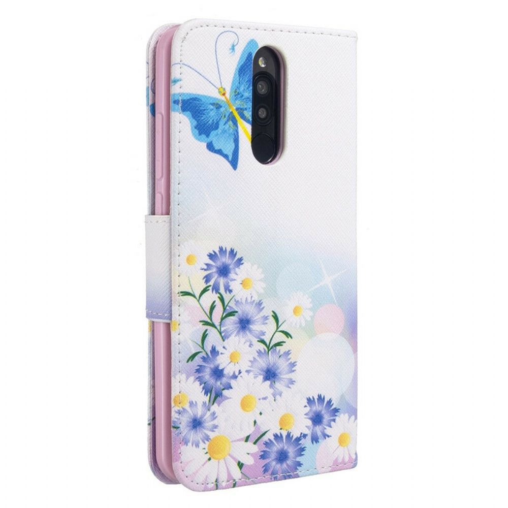 Leren Hoesje voor Xiaomi Redmi 8 Geschilderde Vlinders En Bloemen