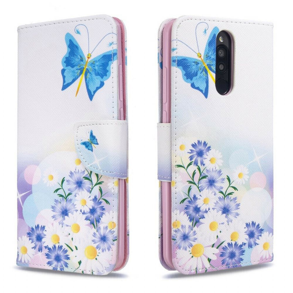 Leren Hoesje voor Xiaomi Redmi 8 Geschilderde Vlinders En Bloemen