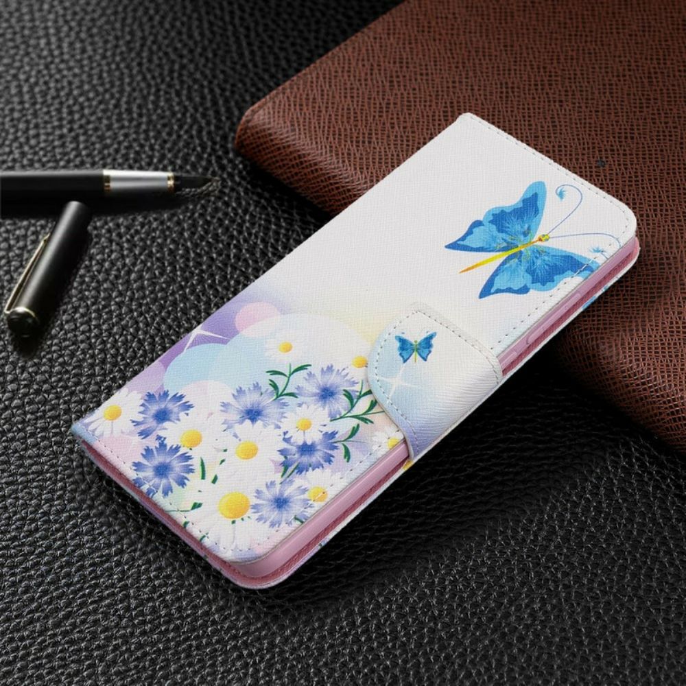 Leren Hoesje voor Xiaomi Redmi 8 Geschilderde Vlinders En Bloemen