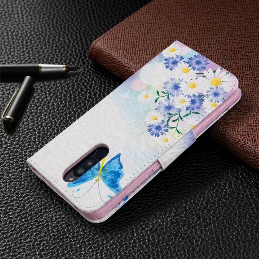 Leren Hoesje voor Xiaomi Redmi 8 Geschilderde Vlinders En Bloemen