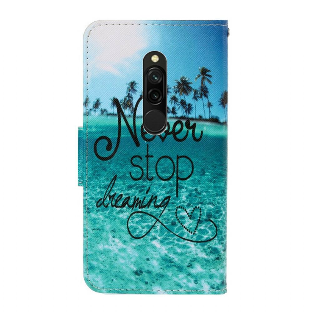 Leren Hoesje voor Xiaomi Redmi 8 Met Ketting Stop Nooit Met Dromen Met Marineblauwe Bandjes