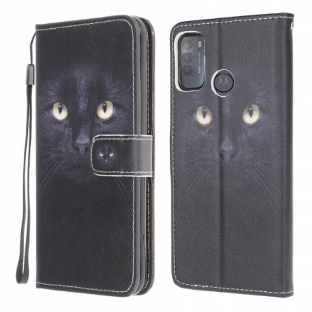 Flip Case voor Moto G50 Met Ketting Thong Black Cat Eyes