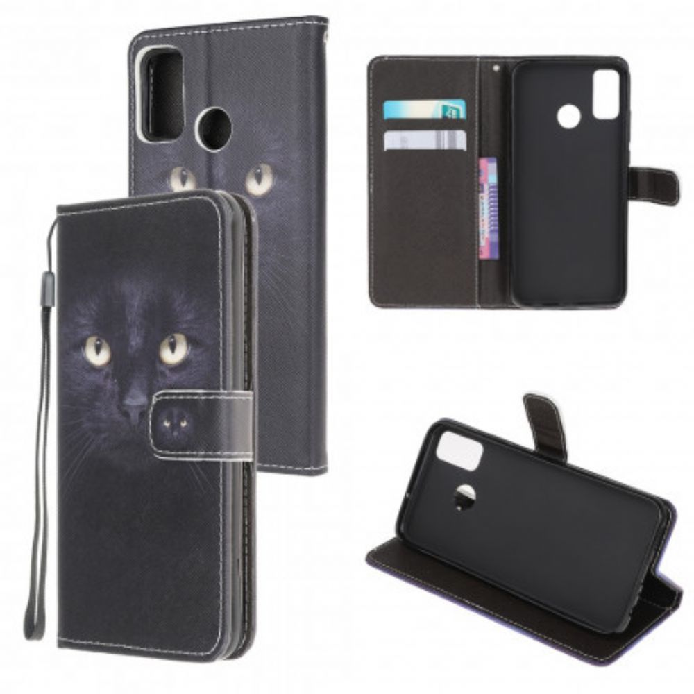 Flip Case voor Moto G50 Met Ketting Thong Black Cat Eyes