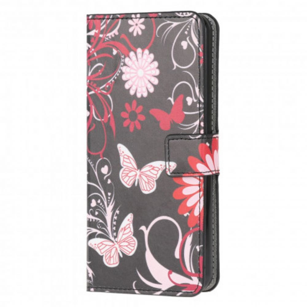 Leren Hoesje voor Moto G50 Vlinders En Bloemen