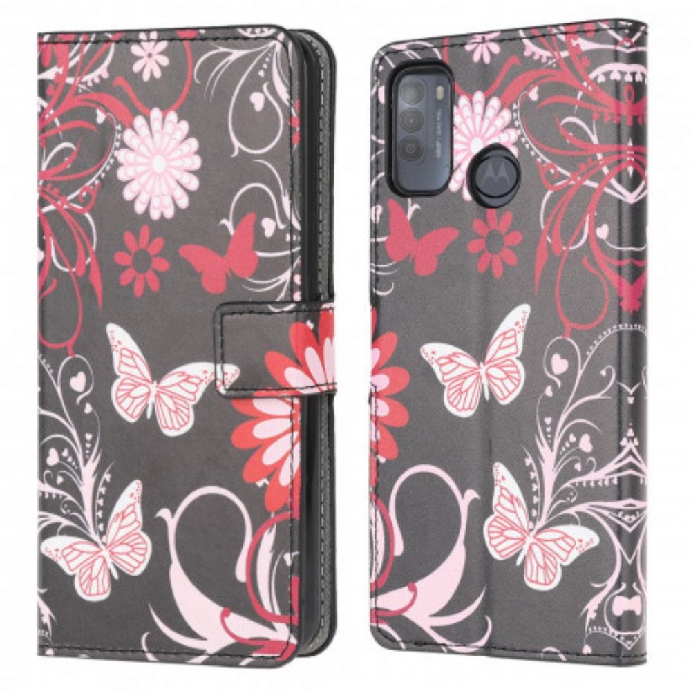 Leren Hoesje voor Moto G50 Vlinders En Bloemen