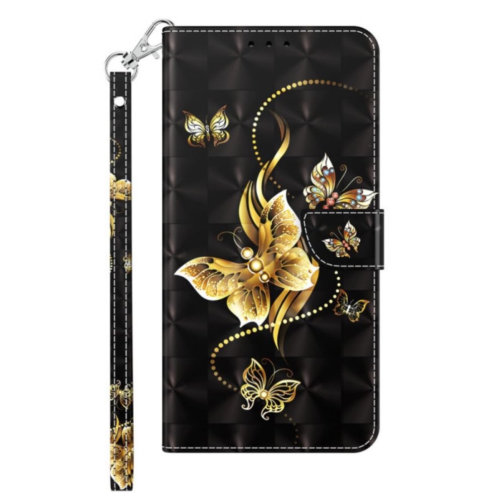 Folio-hoesje voor iPhone 14 Met Ketting Gouden Band Vlinders