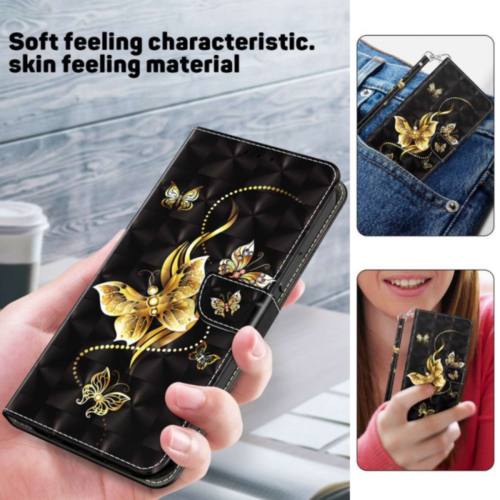 Folio-hoesje voor iPhone 14 Met Ketting Gouden Band Vlinders