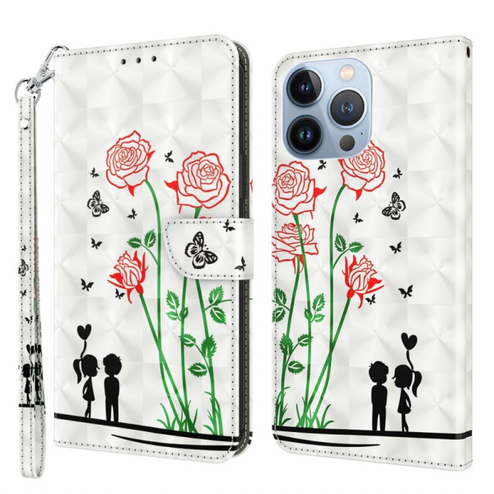 Folio-hoesje voor iPhone 14 Met Ketting Thong Liefde Paardebloemen