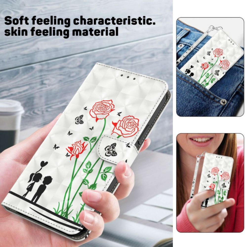 Folio-hoesje voor iPhone 14 Met Ketting Thong Liefde Paardebloemen